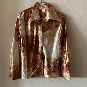 Vintage 1970s Shiny & Sheer Autumn Leaf Rust Gold & Brown Button Down Blouse